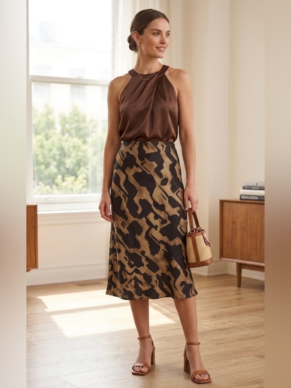 Zara Brown and Black Satin Midi Skirt with Abstract Animal Print